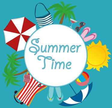 Summer beach accessories. Banner design with white circle for text