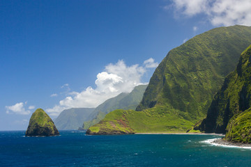 The world tallest sea cliffs of Molokai in a blue sky bright day light. 
