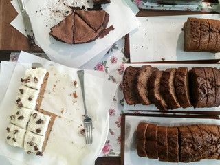 Top view of bakery products prepared on white paper on table. Flatlay view showing dairy bakery cooked and prepared. Concept of healthy diet