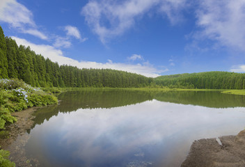 Obraz na płótnie Canvas Panoramic view at volcanic lake of Empadadas, Azores Portugal