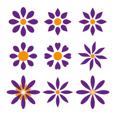 Set of nine simple flower shapes in two colors