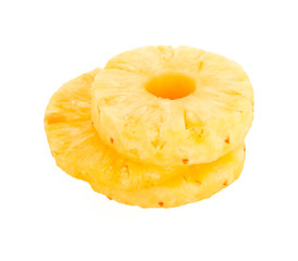 Canned pineapple ring isolated on white from above.