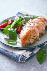 Baked chicken breast and fresh basil and tomatoes salad