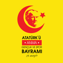 19 mayis Ataturk'u anma, genclik ve spor bayrami. Translation from turkish: 19th may commemoration of Ataturk, youth and sports day. Turkish holiday greeting card vector illustration.