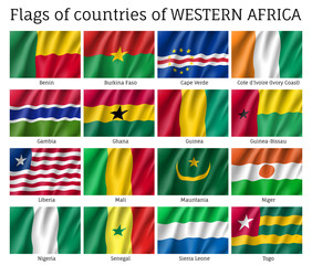 Western Africa flag set. National symbol of state, sovereignty and identity official element. Realistic style vector illustration on white background
