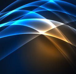 Energy lines, glowing waves in the dark, vector abstract background