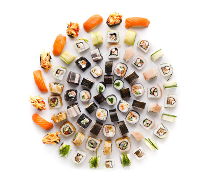 Sushi set for big party. Japanese food on white background