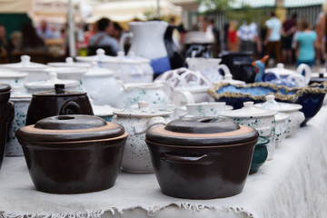 Clay pots made by the potter white and brown