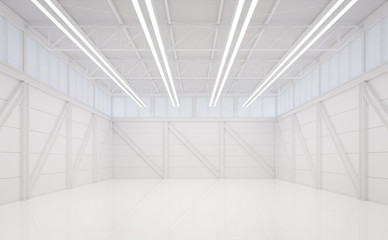 Modern white warehouse interior 3d rendering image,There are empty space with white tile floor and white steel structure