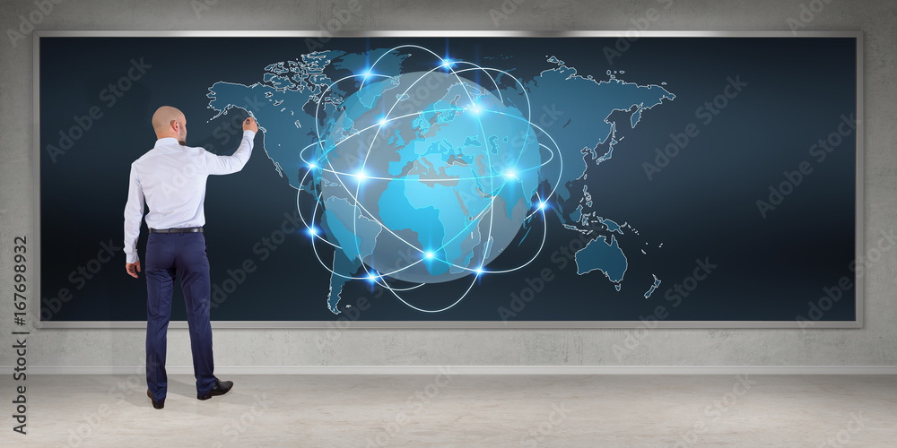 Poster Businessman using digital planet earth interface on a board 3D rendering