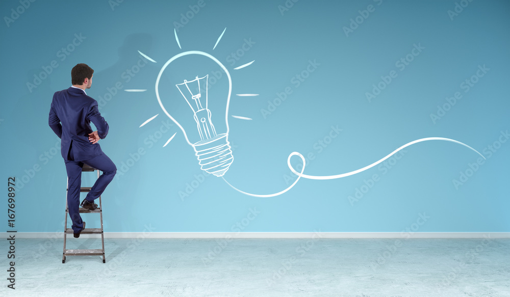 Poster businessman watching a lightbulb on a wall 3d rendering