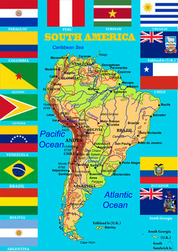 Geographic map of South America with flags