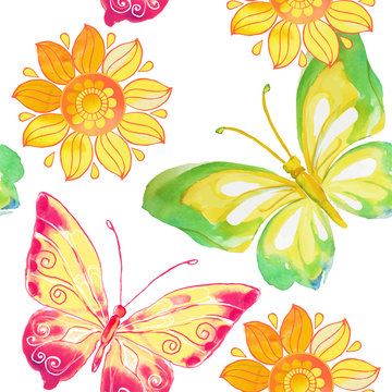 Seamless pattern with butterflies and flowers watercolor. Vector illustration