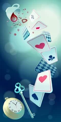 Foto op Aluminium Alice in Wonderland. Playing cards, pocket watch, key, cup and poison falling down the rabbit hole. Vector background, vertical banner © svetlanasmirnova