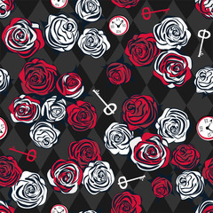 Red and white roses, key and clock on chess background. Seamless pattern. Alice in Wonderland background, wallpaper. Vector illustration