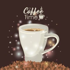 brown background with brightness of pile coffee beans and porcelain cup it is coffee time
