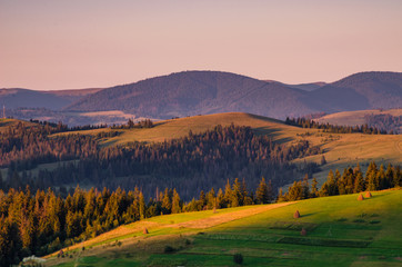 Background with Ukrainian Carpathian Mountains during the sunset in the Pylypets