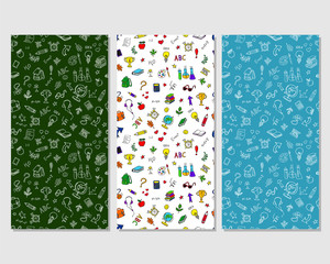Back to school. Set of doodle  pen drawn backgrounds. Hand drawn vector design elements seamless patterns