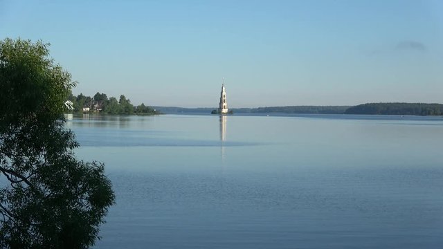Panorama of Uglich reservoir with views of the flooded bell tower. Kalyazin, Russia
