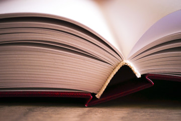 Open book on wooden background. Back to school.
