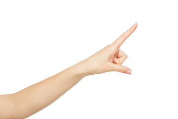 Woman's hand pointing on object with forefinger, crop, cutout