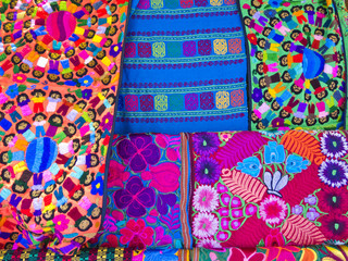 Colorful traditional mexican textils  on the street market, Playa del Carmen, Mexico