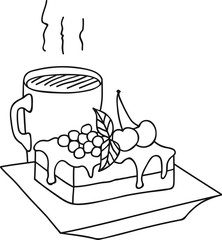 Hand drawn vector illustration piece of delicious cake with icing topped with cherry fruits cup of hot coffee, , coloring page, logo template
