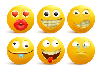 Set of yellow smiley face emoticon cartoon characters.
