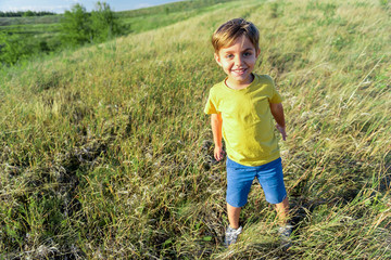 Naklejka na ściany i meble Happy male kid enjoying nature on meadow