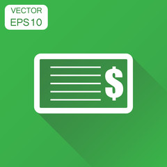 Check money icon. Business concept banking checkbook pictogram. Vector illustration on green background with long shadow.