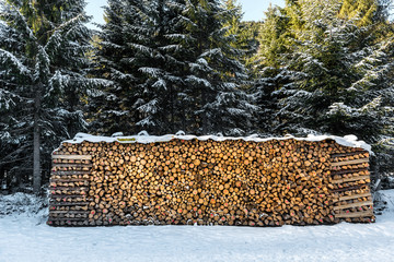 firewood stack on winter snowin in the forest