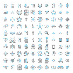 100 icon set, people, management, strategy and human resource concept. Modern flat thin line vector illustration.