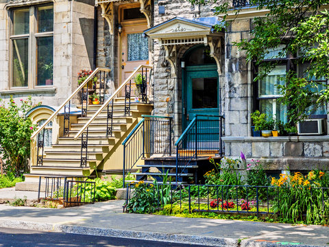 Typical Montreal neighborhood street with staircases