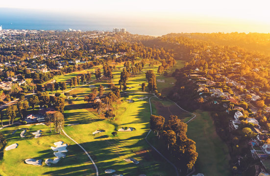 Aerial view of a golf course country club in Los Angeles, CA