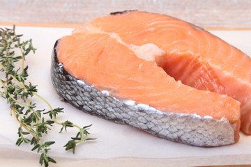 fresh raw salmon with spices on wooden cutting board. ready for cookin