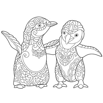 Coloring page of young emperor penguins, isolated on white background. Freehand sketch drawing for adult antistress colouring book with doodle and zentangle elements.