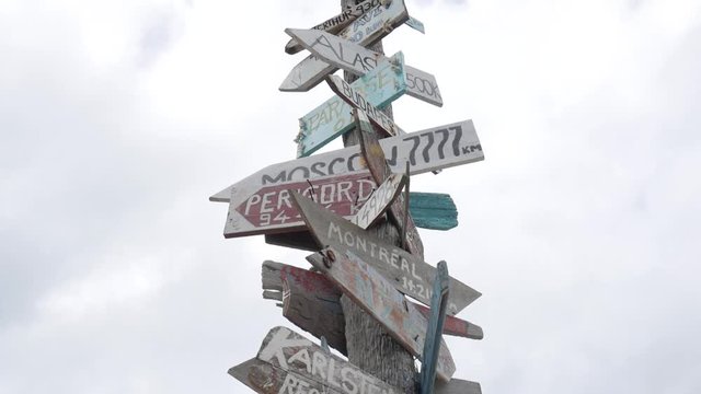 Wooden Sign Post Arrows Pointing to Various Cities and Directions Against Sky. HD Slowmotion. Koh Phangan, Thailand.