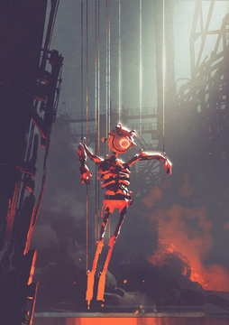 malfunctioning robot puppet hanging on strings in foundry, digital art style, illustration painting