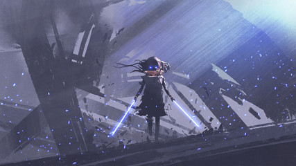 little futuristic knight with twin swords against buildings background, digital art style, illustration painting © grandfailure