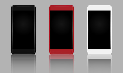 Set of smartphone with reflected shadow, Black, Red and white color