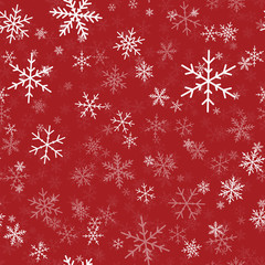 White snowflakes seamless pattern on red Christmas background. Chaotic scattered white snowflakes. Brilliant Christmas creative pattern. Vector illustration.