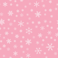 White snowflakes seamless pattern on pink Christmas background. Chaotic scattered white snowflakes. Uncommon Christmas creative pattern. Vector illustration.