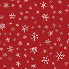 White snowflakes seamless pattern on red Christmas background. Chaotic scattered white snowflakes. Exceptional Christmas creative pattern. Vector illustration.