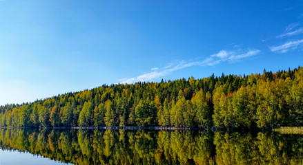 Rich autumn colors reflected from lake