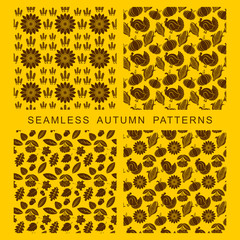 Autumnal seamless pattern. Leaves of trees, turkey, corn and pumpkin.