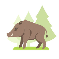 Image in a flat style, cartoon boar on the grass and in the background grow trees