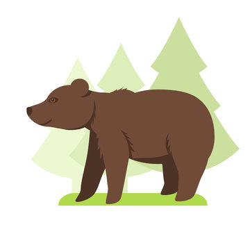 Image in a flat style, cartoon bear on the grass and in the background grow trees