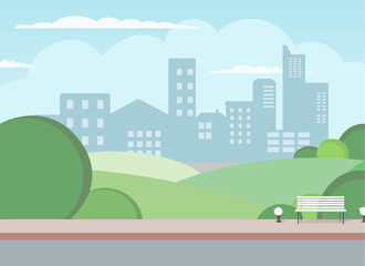 Cityscape of a big metropolis. Calm street. Flat picture of the city. Park, green trees in the city. Urban background. Background with houses. Cozy property. Alley for walks in the park