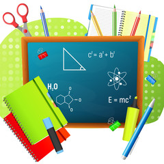 Back to School. Back to School colorful poster with blackboard and school supplies. Vector illustrations.
