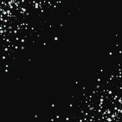 Beautiful falling snow. Scatter abstract corners with beautiful falling snow on black background. Vector illustration.